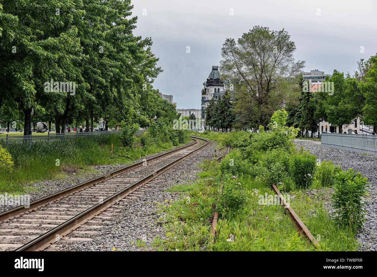 Viste di binari ferroviari della vecchia Montreal. Foto Stock