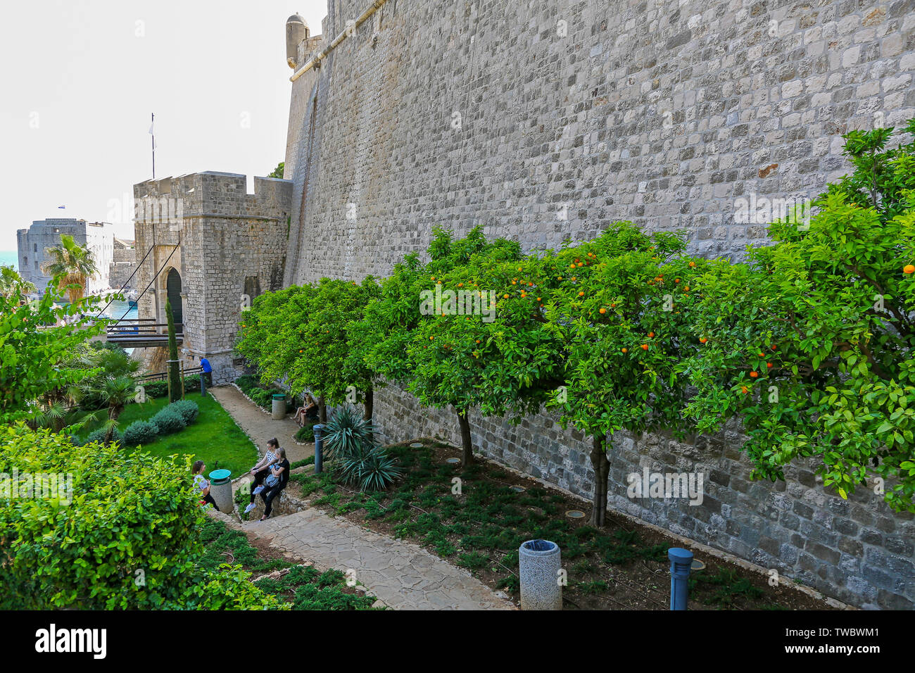 Cancello Ploce e fortezza Revelin sulle mura della città vecchia, Dubrovnik, Croazia Foto Stock