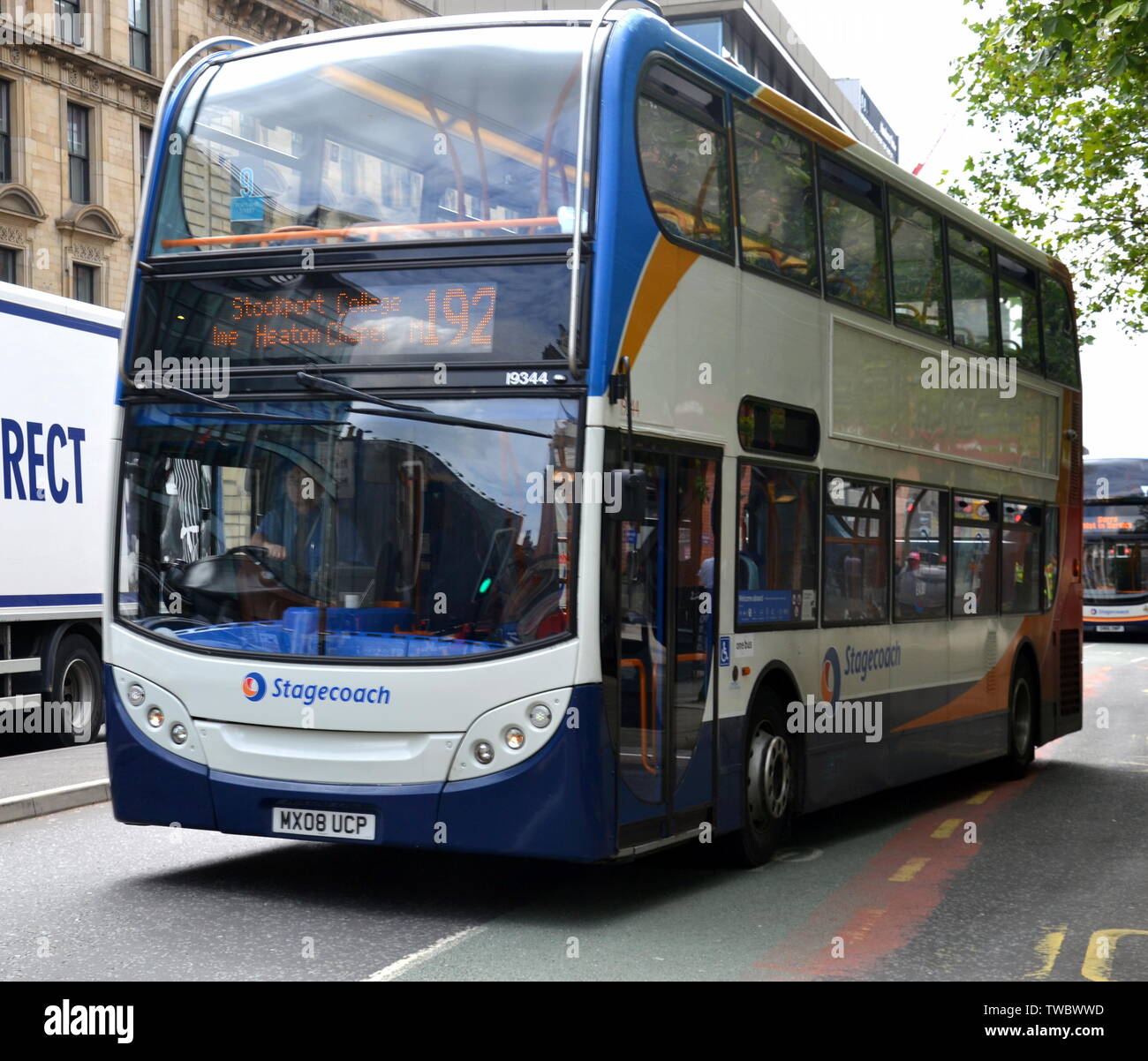 Un autobus Stagecoach, numero 192, nel centro di Manchester, Regno Unito Foto Stock