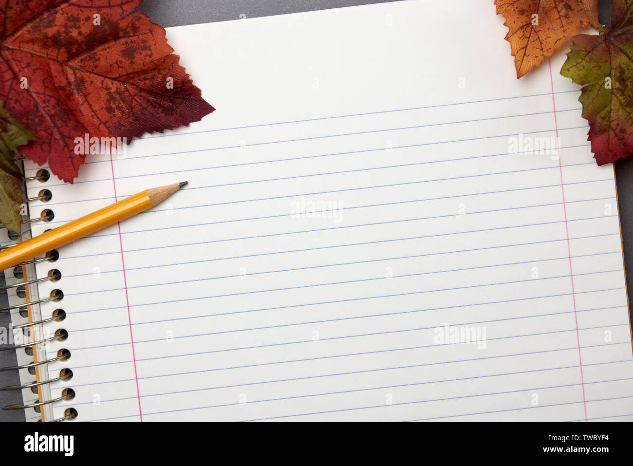 Vista ravvicinata di una pagina vuota in un rivestito rilegato a spirale notebook con matita gialla e foglie di autunno Foto Stock