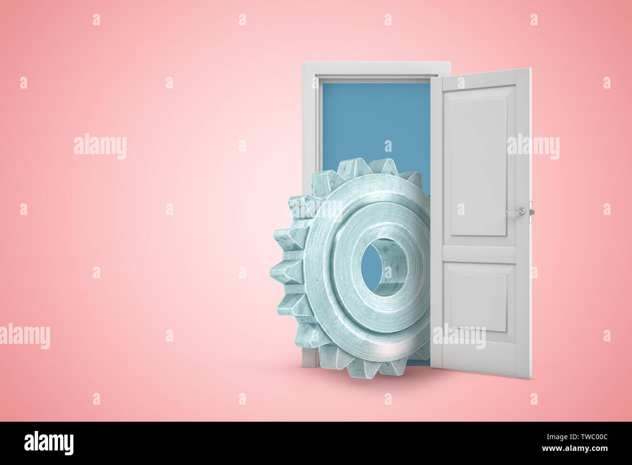 3D rendering di aprire lo sportello sul rosa copyspace di gradiente di sfondo e grande ruota dentata nella porta. Il supporto tecnico. Industria e produzione. Il grafico 3D Foto Stock