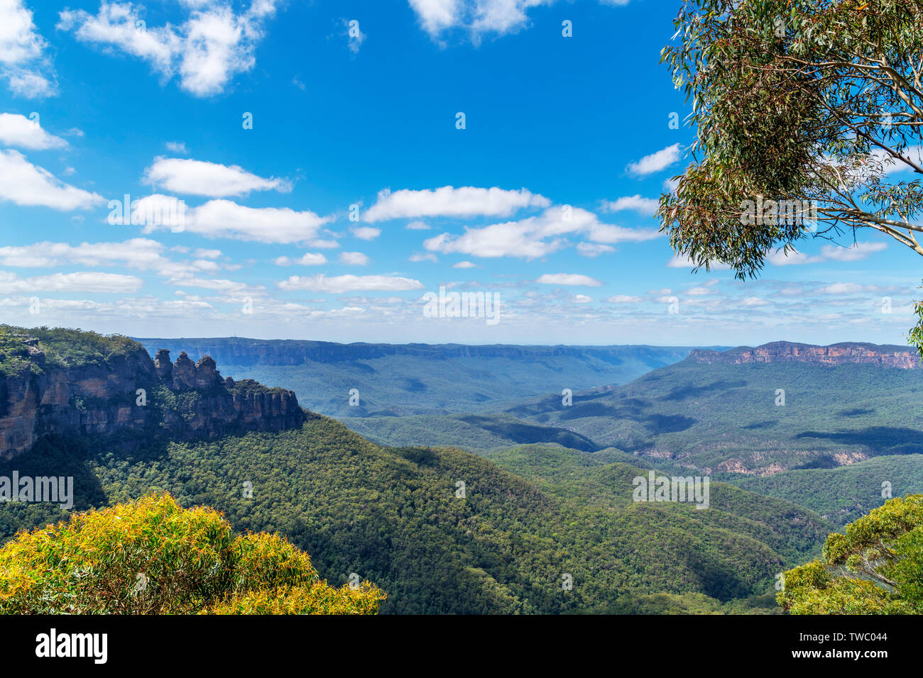 Vista sulle montagne blu verso le tre sorelle di Malaita Lookout, Katoomba, Nuovo Galles del Sud, Australia Foto Stock
