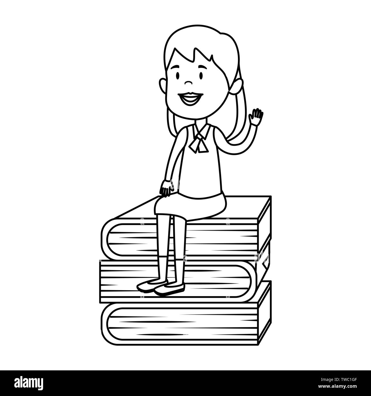 Felice ragazza studente seduto nella pila di libri di testo Illustrazione Vettoriale