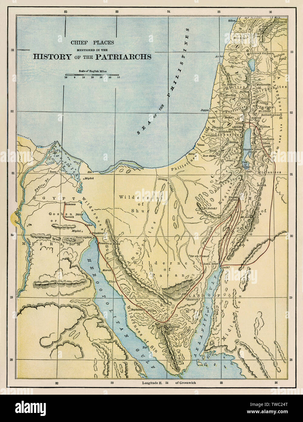 Mappa che mostra terre dove l antico popolo ebreo vissuto. Litografia a colori Foto Stock