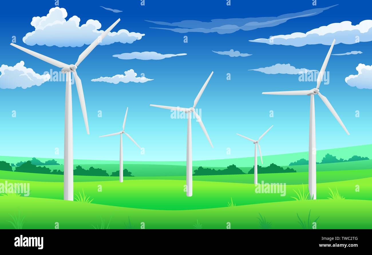 White generatori di vento mulini, turbine eoliche sul campo verde, energia eolica eco-NOZIONE Illustrazione Vettoriale