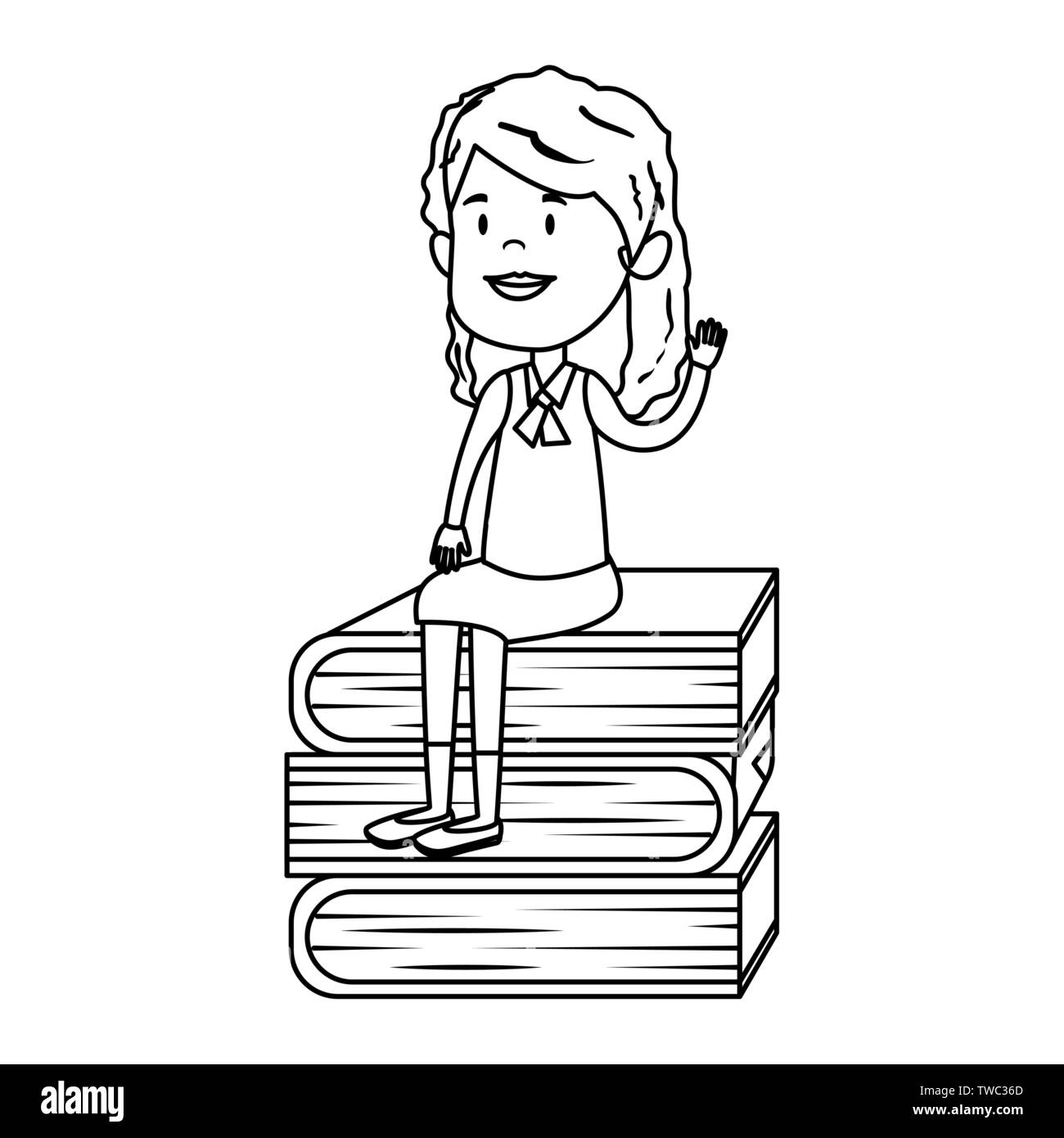 Felice ragazza studente seduto nella pila di libri di testo Illustrazione Vettoriale