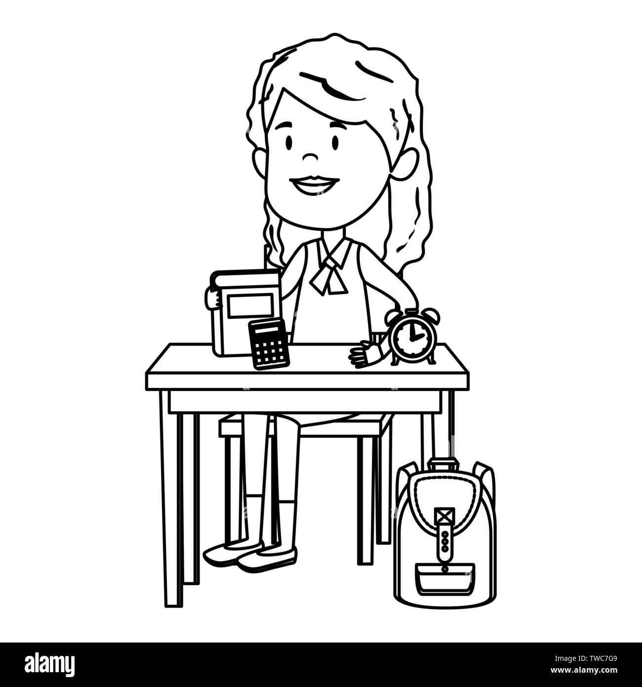 Felice ragazza dello studente con forniture seduto nel banco di scuola Illustrazione Vettoriale