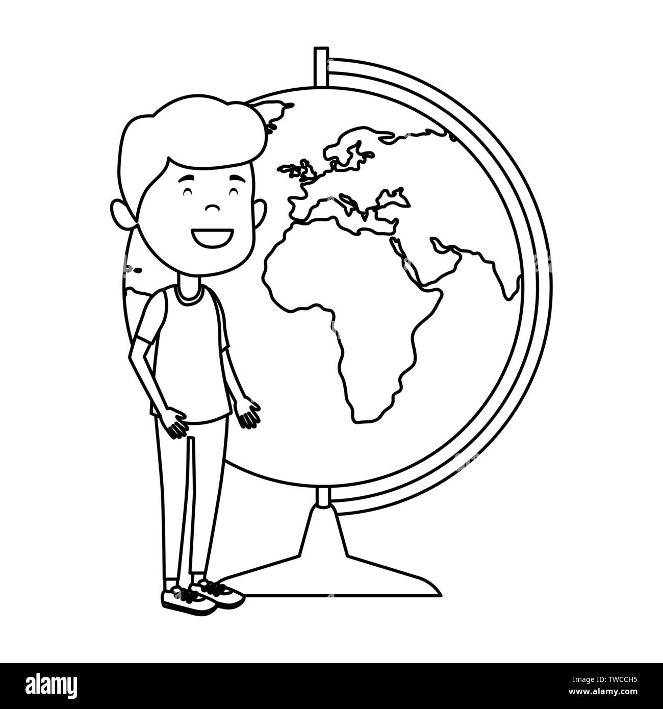 Felice studente ragazzo con mappa del mondo fornitura Illustrazione Vettoriale
