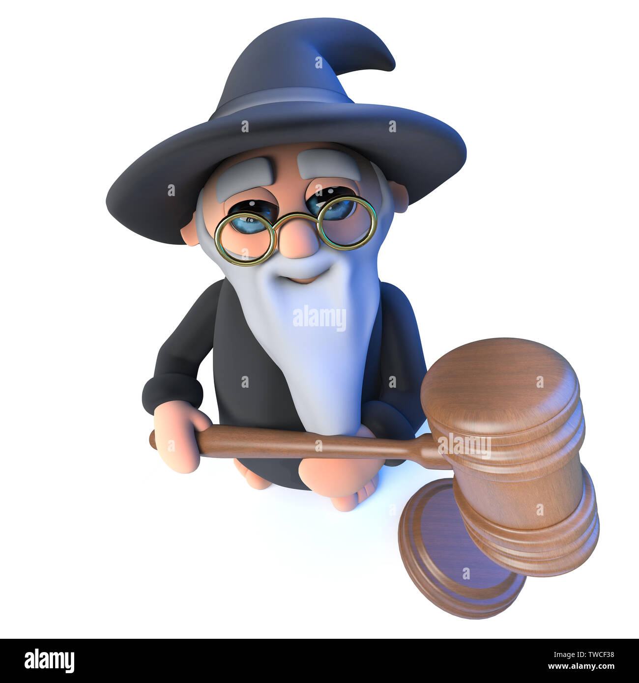 3D render di un simpatico cartoon wizard mago tenendo un asta martello Foto Stock