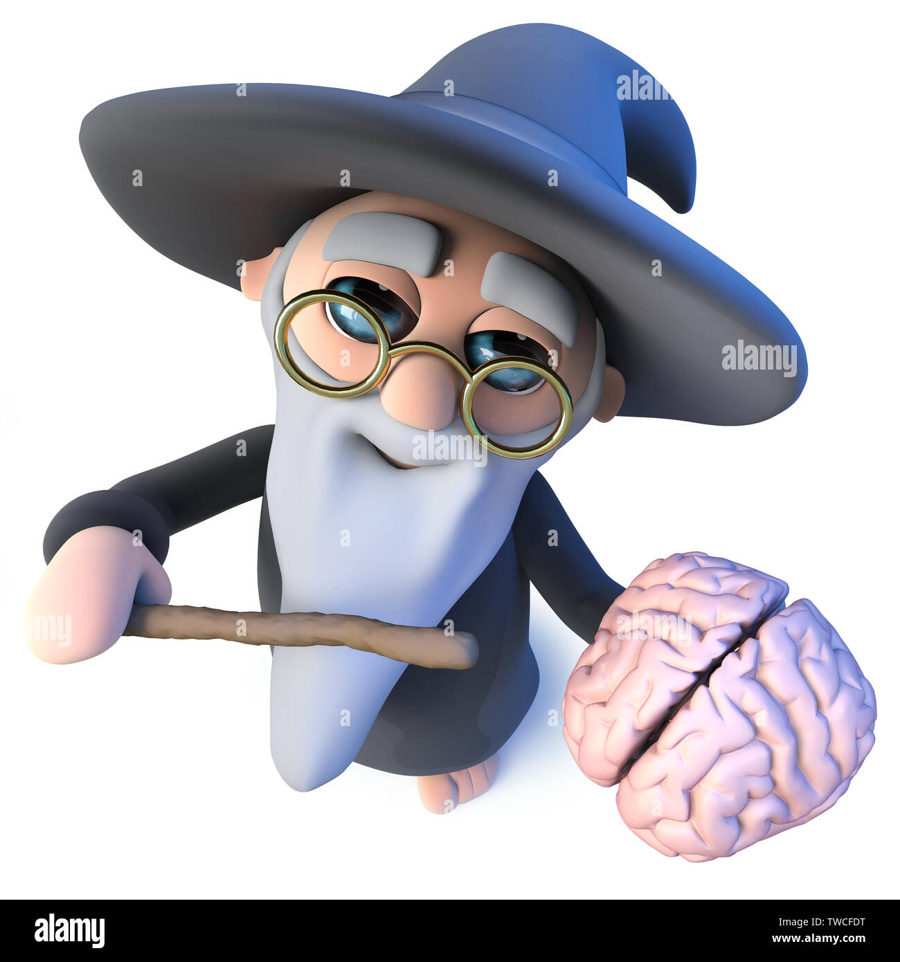 3D render di un simpatico cartoon guidata personaggio mago agitando la sua bacchetta magica in un cervello umano Foto Stock