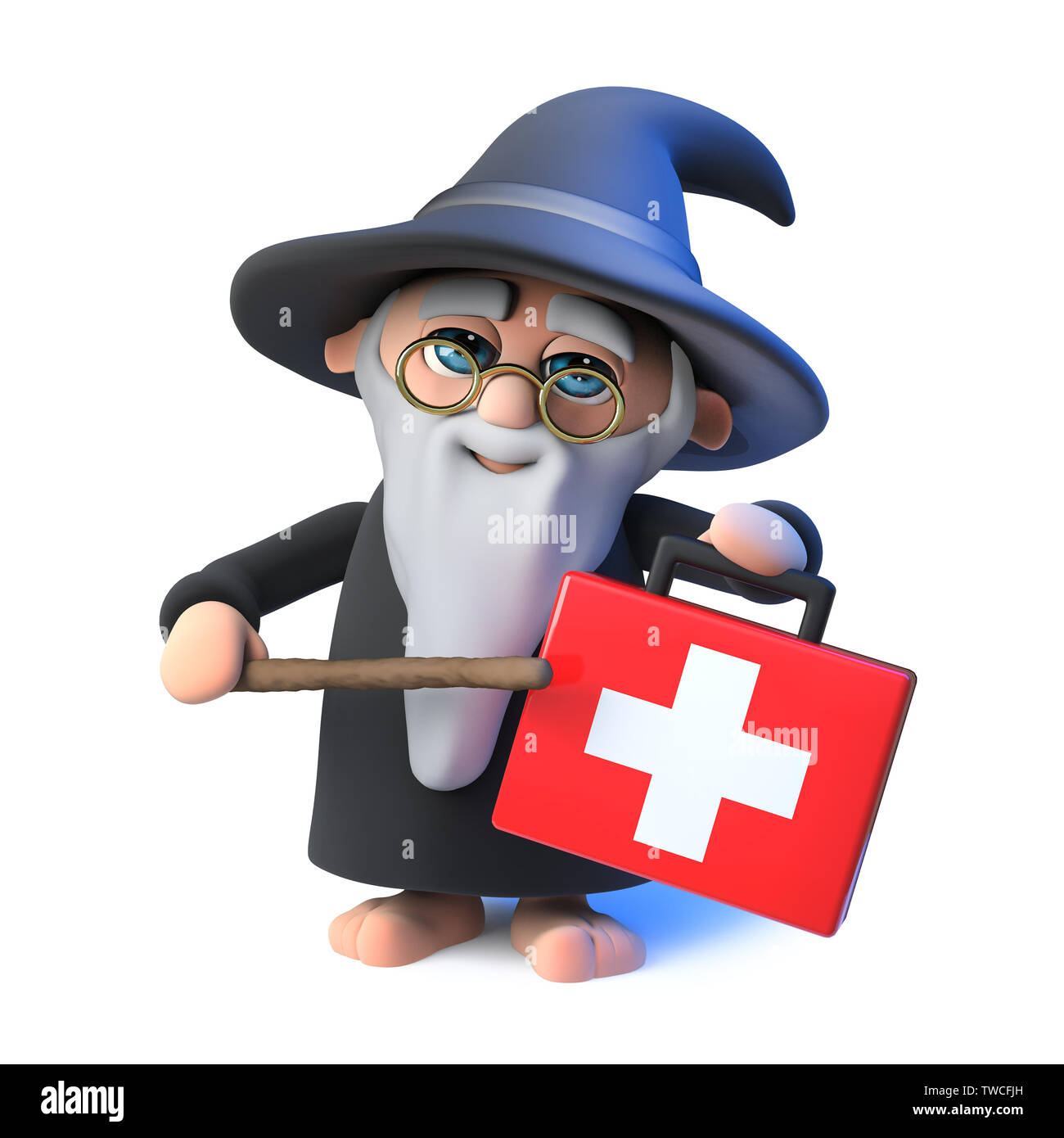 3d Arcavacata di Rende di un simpatico cartoon wizard mago punti di carattere la sua bacchetta magica in un primo aiuto kit medico Foto Stock