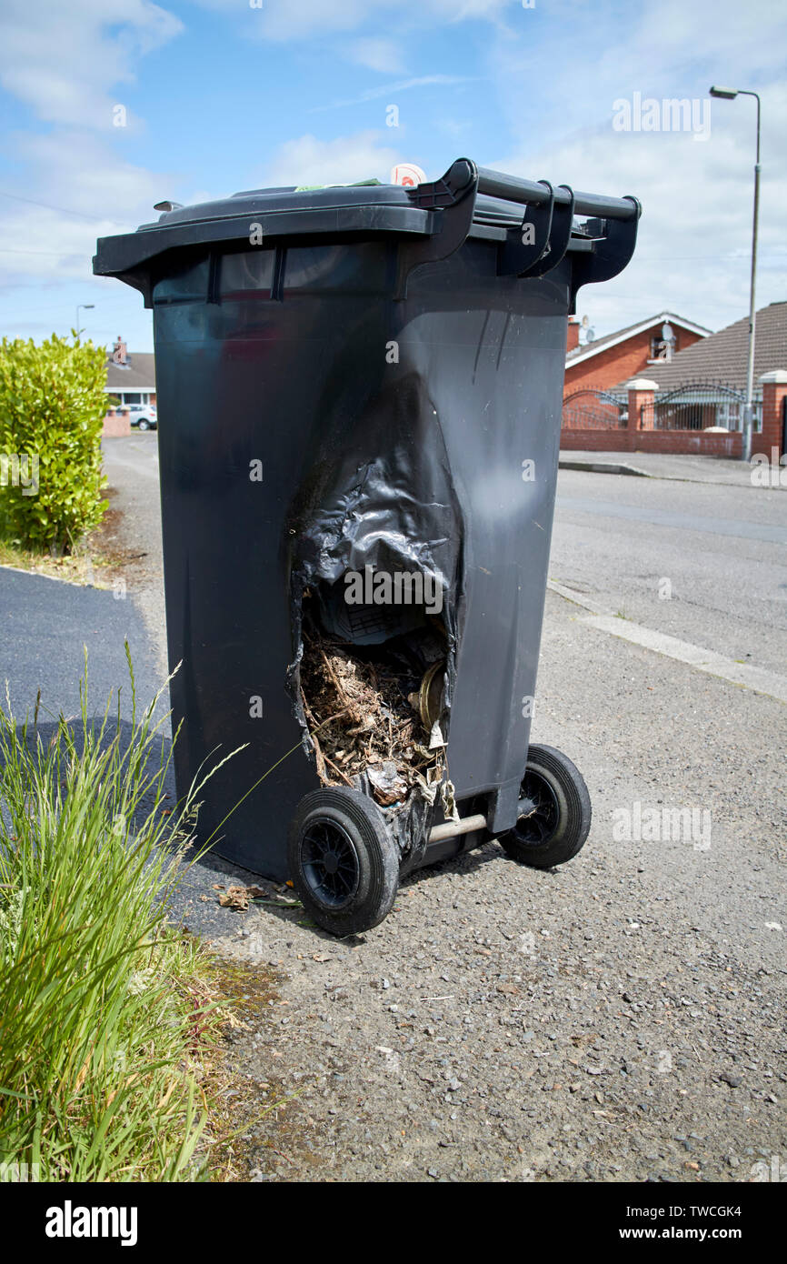 Fire danneggiato bidone con ruote seduta a sinistra su una strada del regno unito Foto Stock