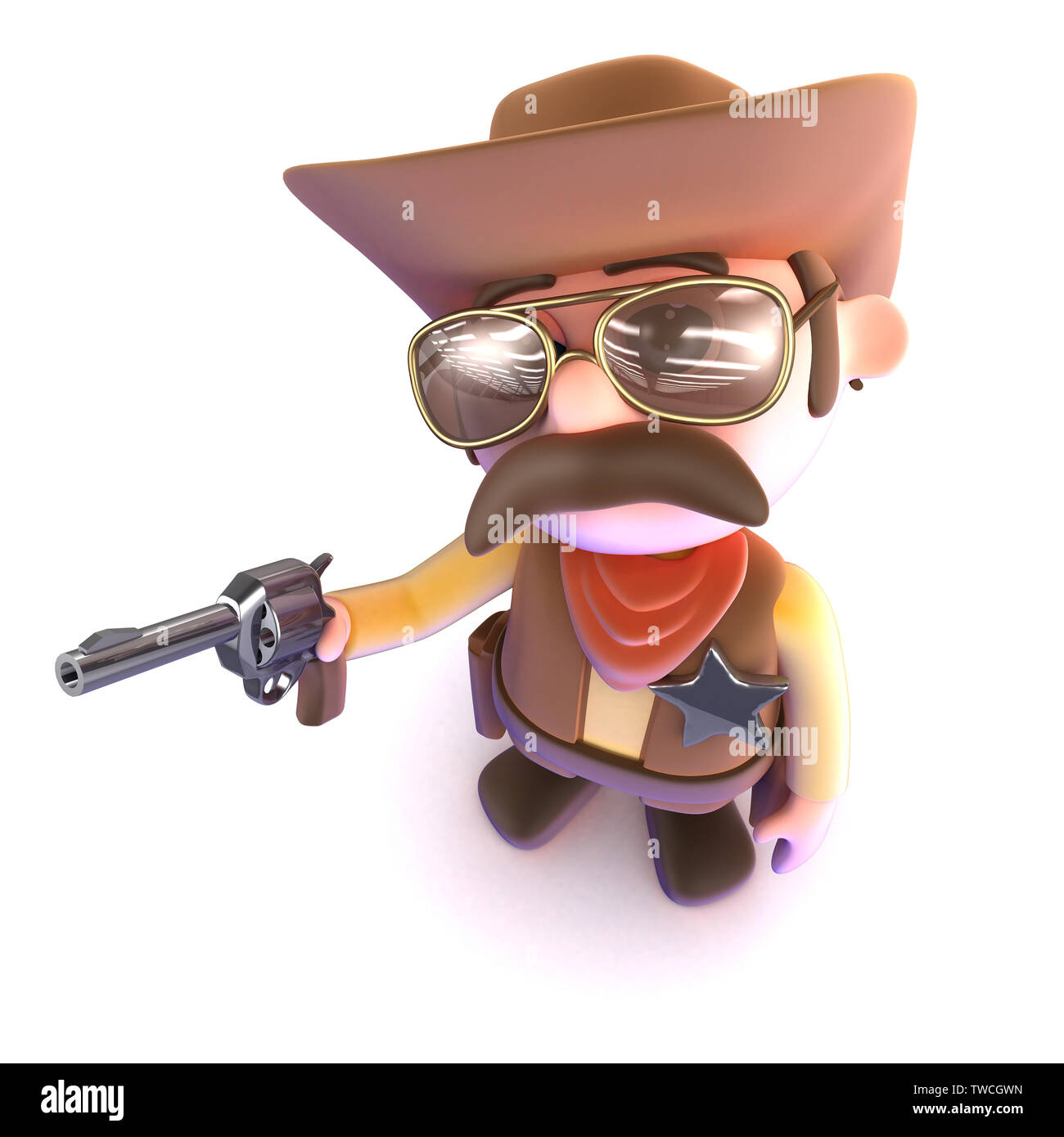 3D render di un simpatico cartoon Cowboy puntando la sua pistola pronti a sparare Foto Stock
