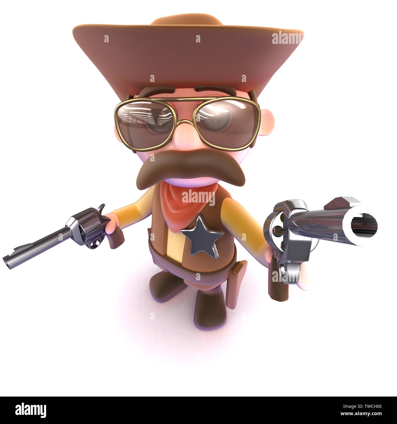 3D render di un simpatico cartoon cowboy puntando la sua pistola a voi Foto Stock