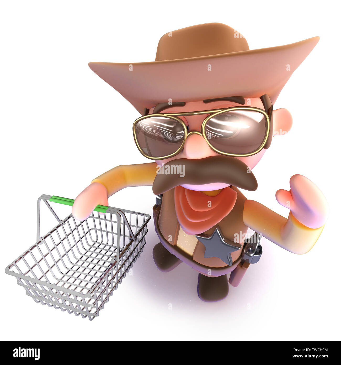 3D render di un simpatico cartoon cowboy sheriff portante un carrello Foto Stock