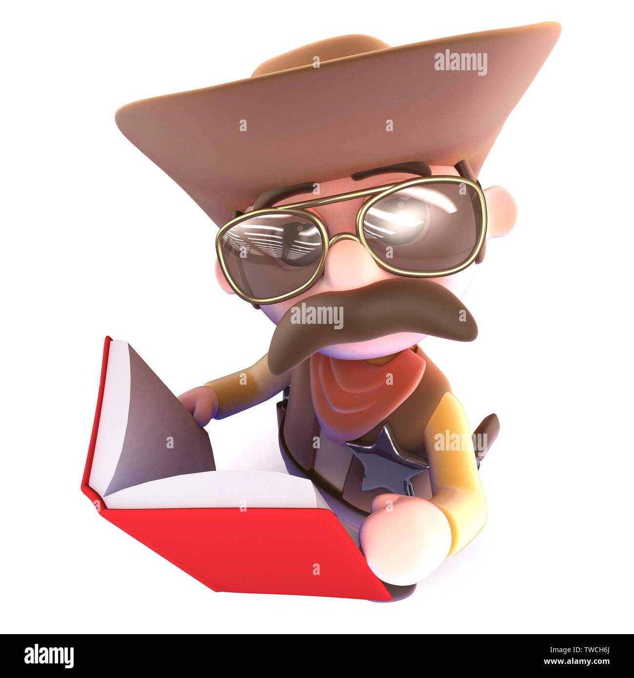 3D render di un simpatico cartoon cowboy sceriffo personaggio la lettura di un libro Foto Stock