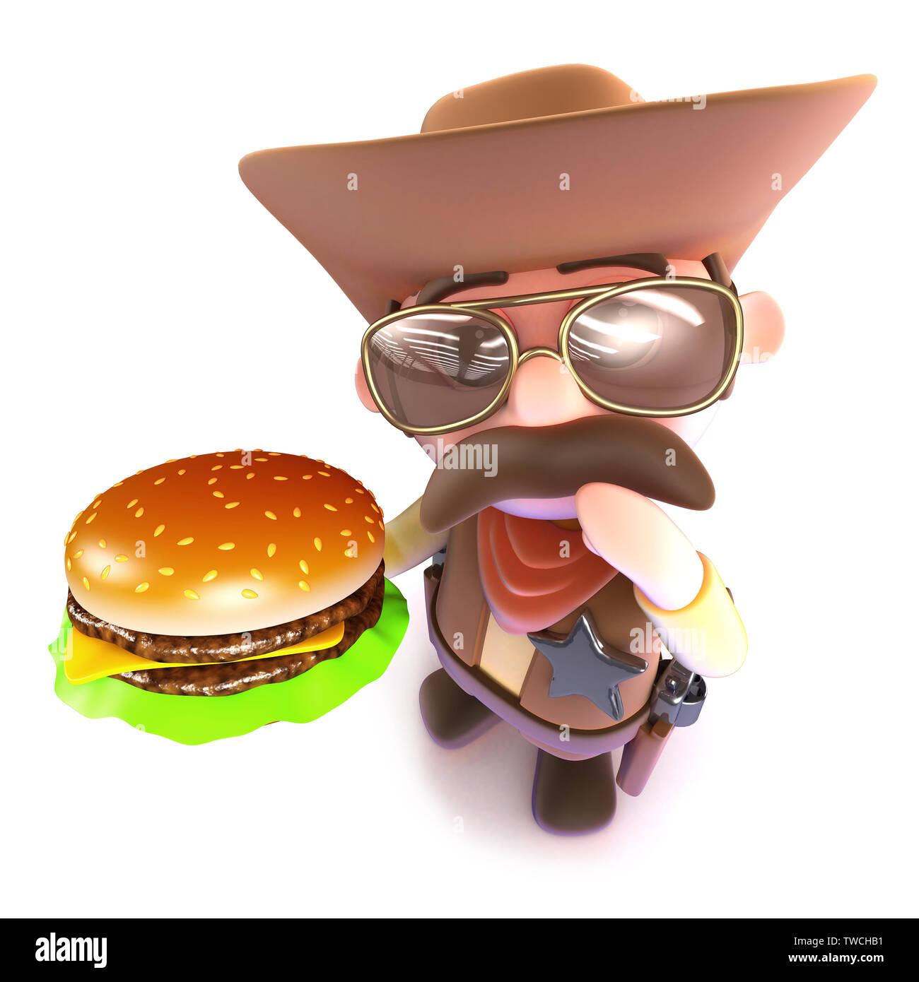 3D render di un simpatico cartoon cowboy tenendo un formaggio hamburger Foto Stock