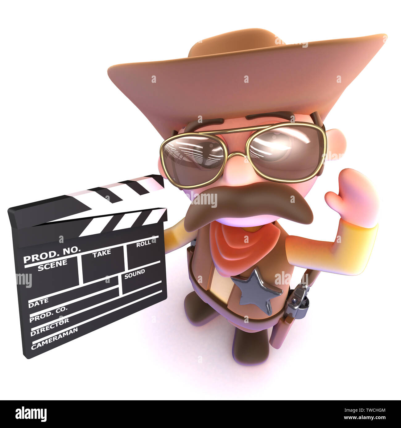 3D render di un simpatico cartoon cowboy rendendo un filmato utilizzando un clapperboard Foto Stock