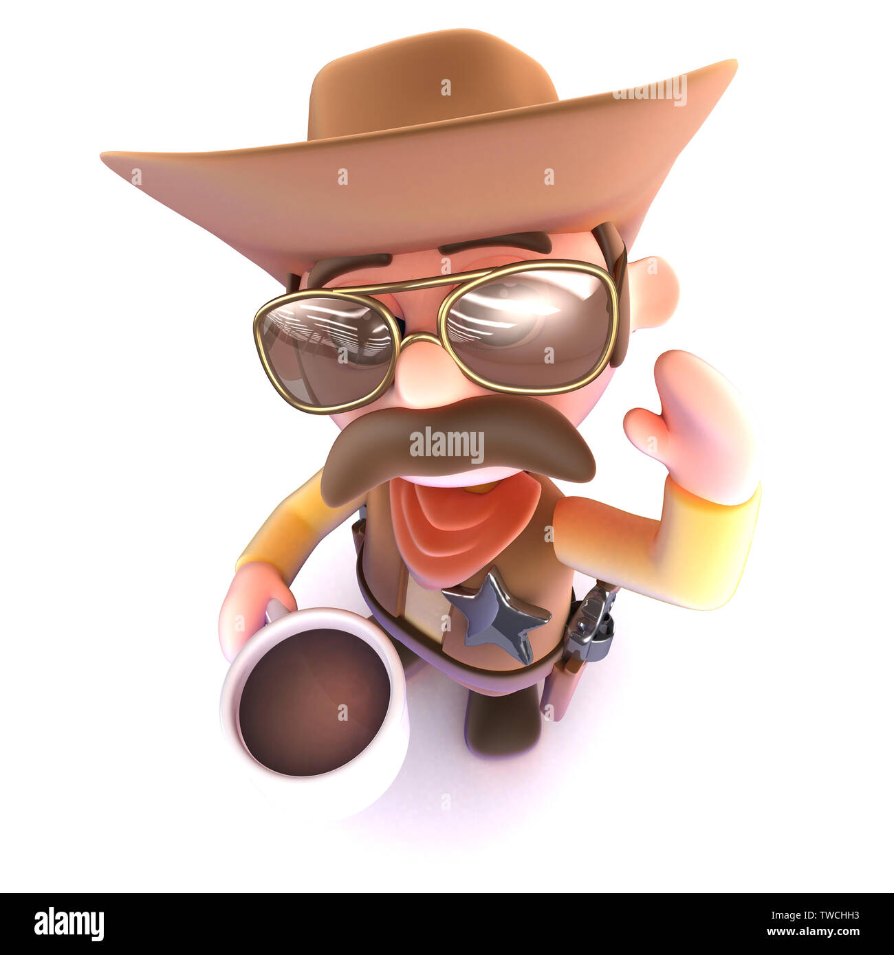 3D render di un simpatico cartoon cowboy bevendo una tazza di caffè Foto Stock