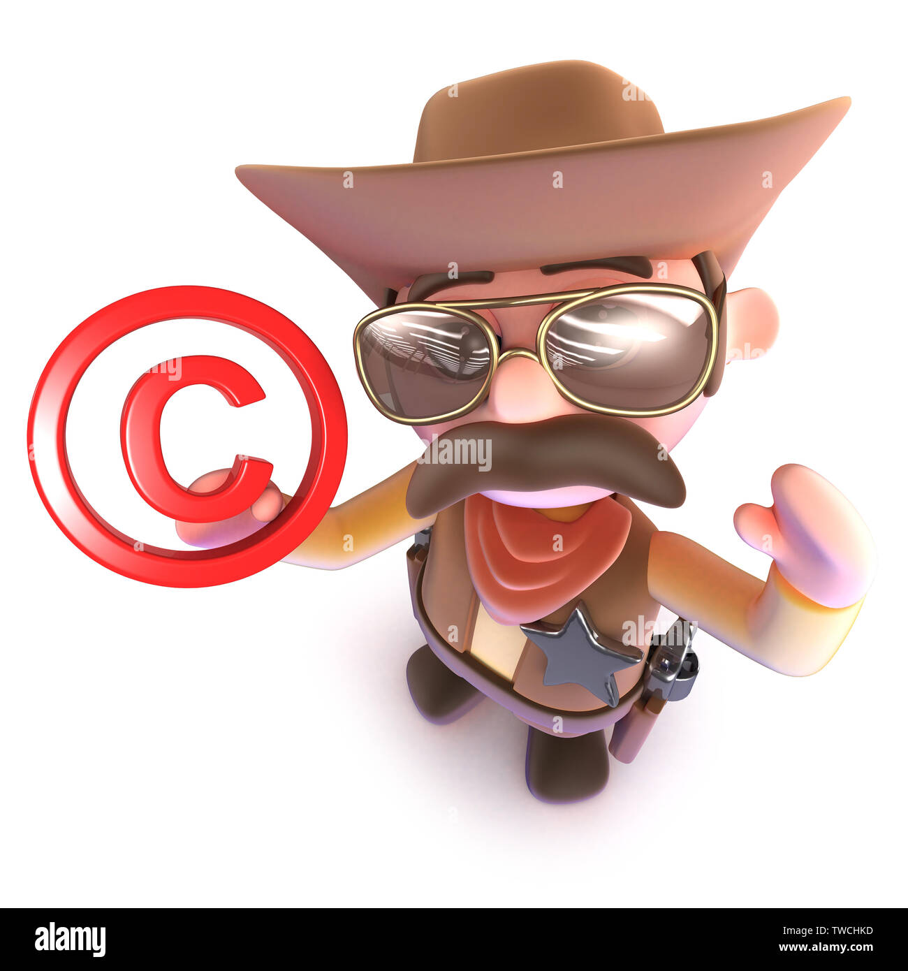 3D render di un simpatico cartoon cowboy sceriffo personaggio tenendo un simbolo di copyright Foto Stock