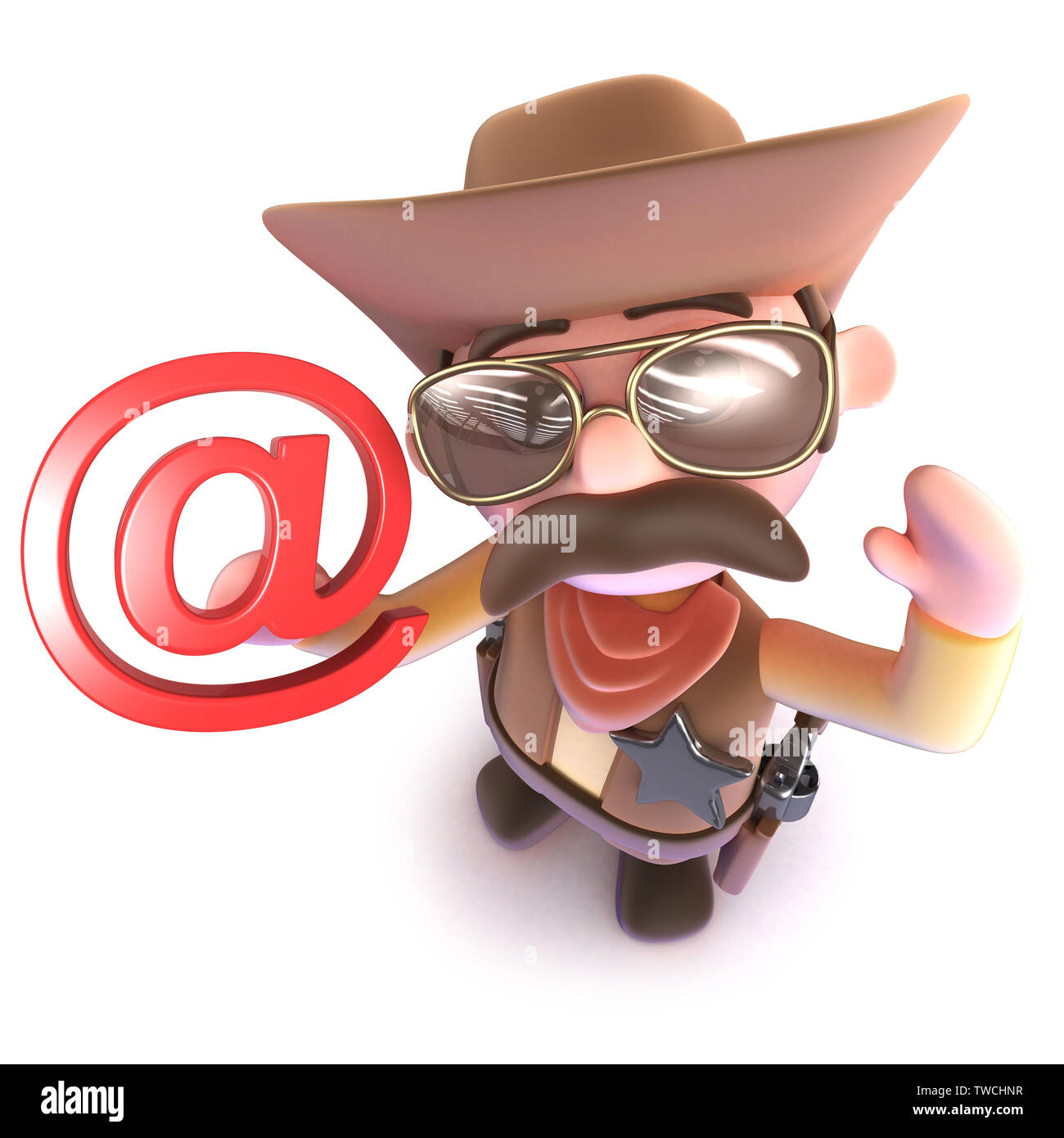 3D render di un simpatico cartoon cowboy sceriffo personaggio in possesso di un indirizzo di posta elettronica simbolo Foto Stock