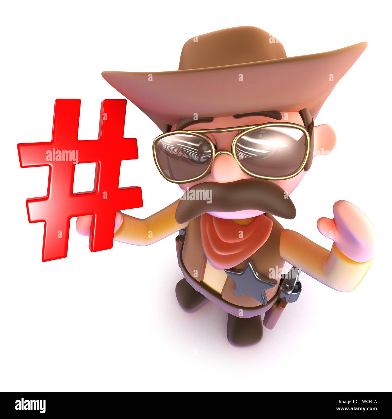 3D render di un simpatico cartoon cowboy sheriff tenendo un hashtag simbolo Foto Stock