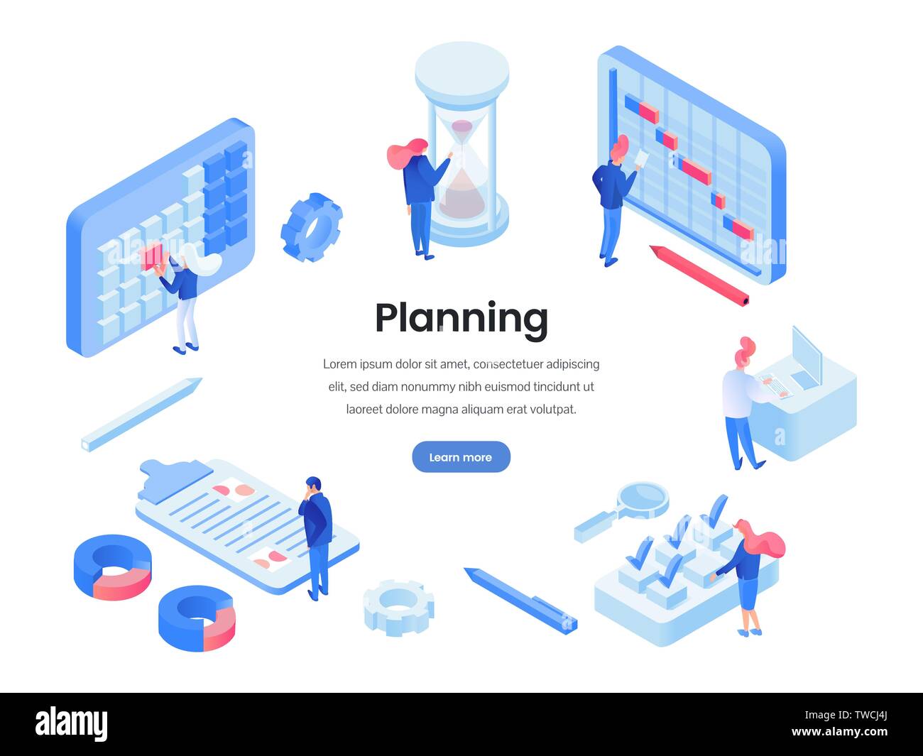 I lavori di pianificazione ore isometrica del modello di sito web. Professional time management landing page layout con lo spazio di testo. Ottimizzazione del tempo esperti progetti di pianificazione, Pianificazione delle scadenze, aggiunta di promemoria Illustrazione Vettoriale