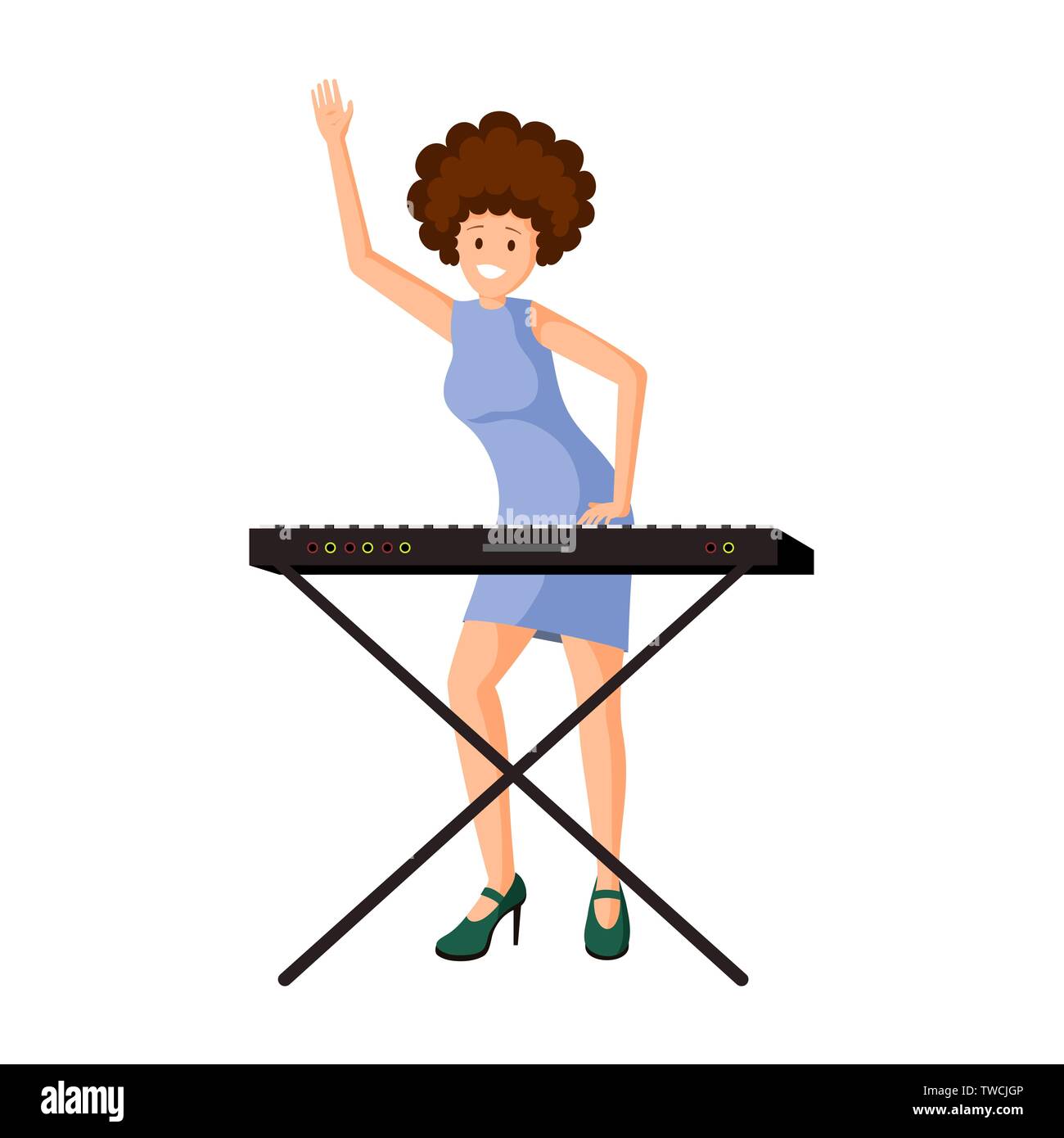 Donna al sintetizzatore illustrazione vettoriale. Allegro musicista femmina, pianista che suona strumento musicale elettronico. Ragazza sorridente, pianoforte giocatore con ricci stile afro pettinatura agitando la mano, gesto di saluto Illustrazione Vettoriale