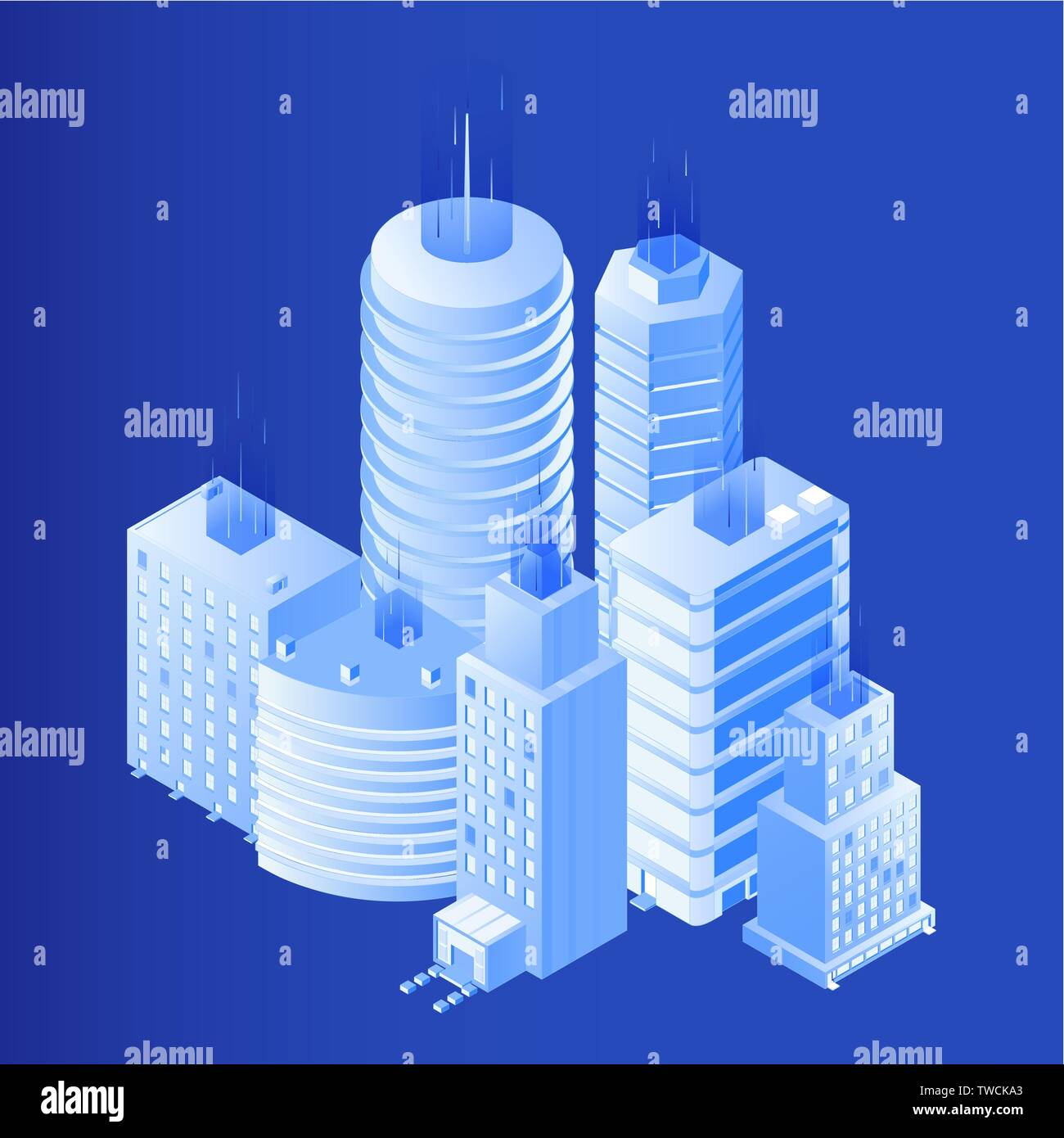 Smart city isometrica illustrazione vettoriale. 3d grattacieli, edifici residenziali. Ufficio di architettura, progettazione agenzia progetto di infrastruttura con realistica torri urbane, centri di uffici, luoghi di abitazione Illustrazione Vettoriale