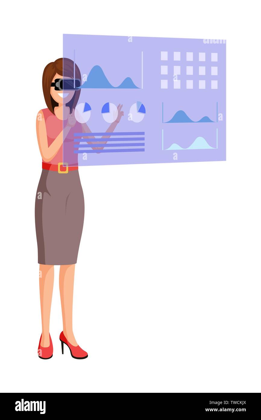 La realtà aumentata piatta illustrazione vettoriale. La realtà virtuale e AR tecnologie digitali, futuristico innovazione isolato elemento di design. Cartoon imprenditrice in VR auricolare tramite interfaccia virtuale Illustrazione Vettoriale