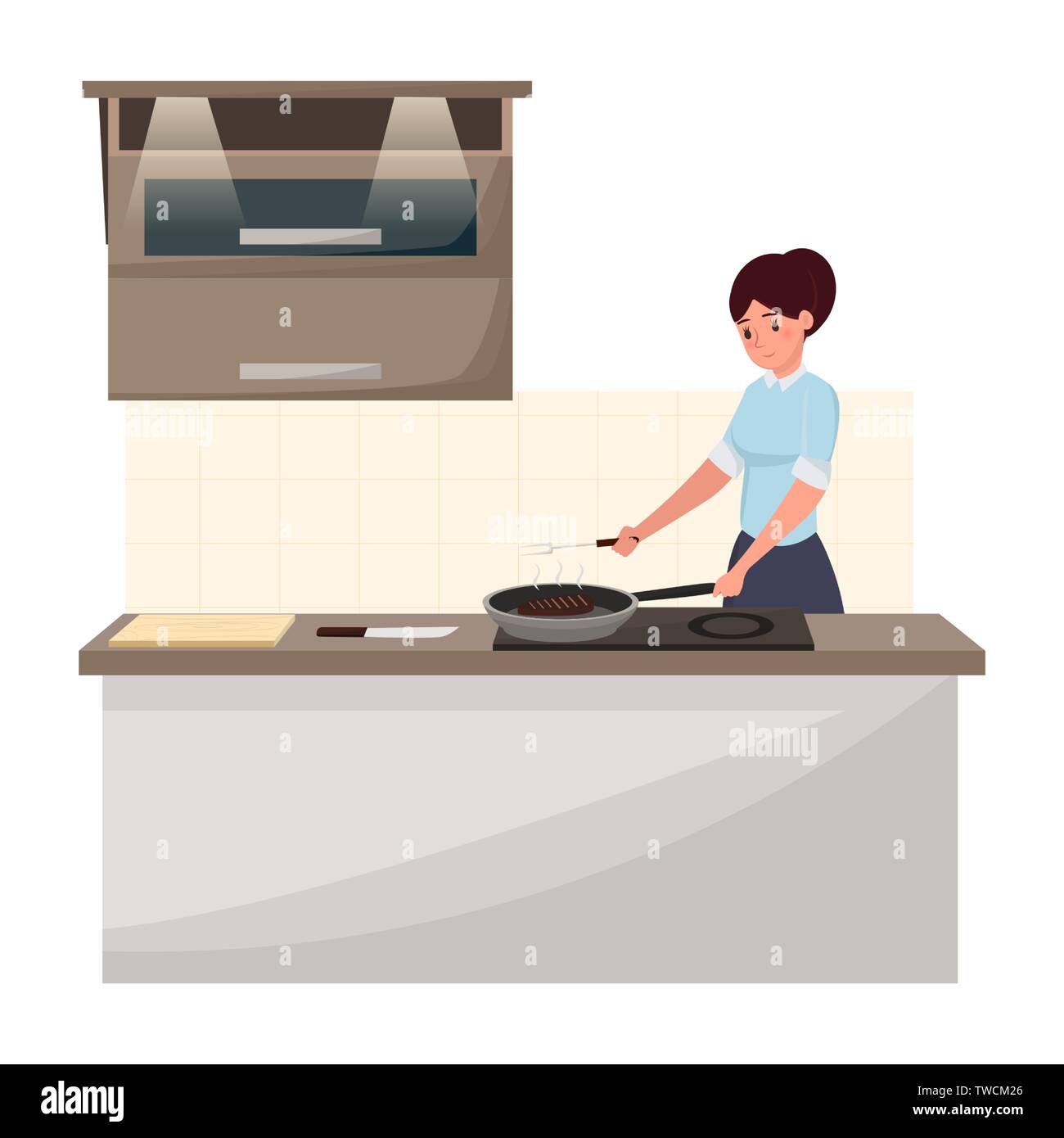 La donna a cucinare piatti illustrazione vettoriale. Cameriera bistecca di tostatura, femmina chef carne di frittura in cucina moderna con carattere. Casalinga la preparazione di pasto, rendendo delizioso piatto, facendo la routine quotidiana Illustrazione Vettoriale