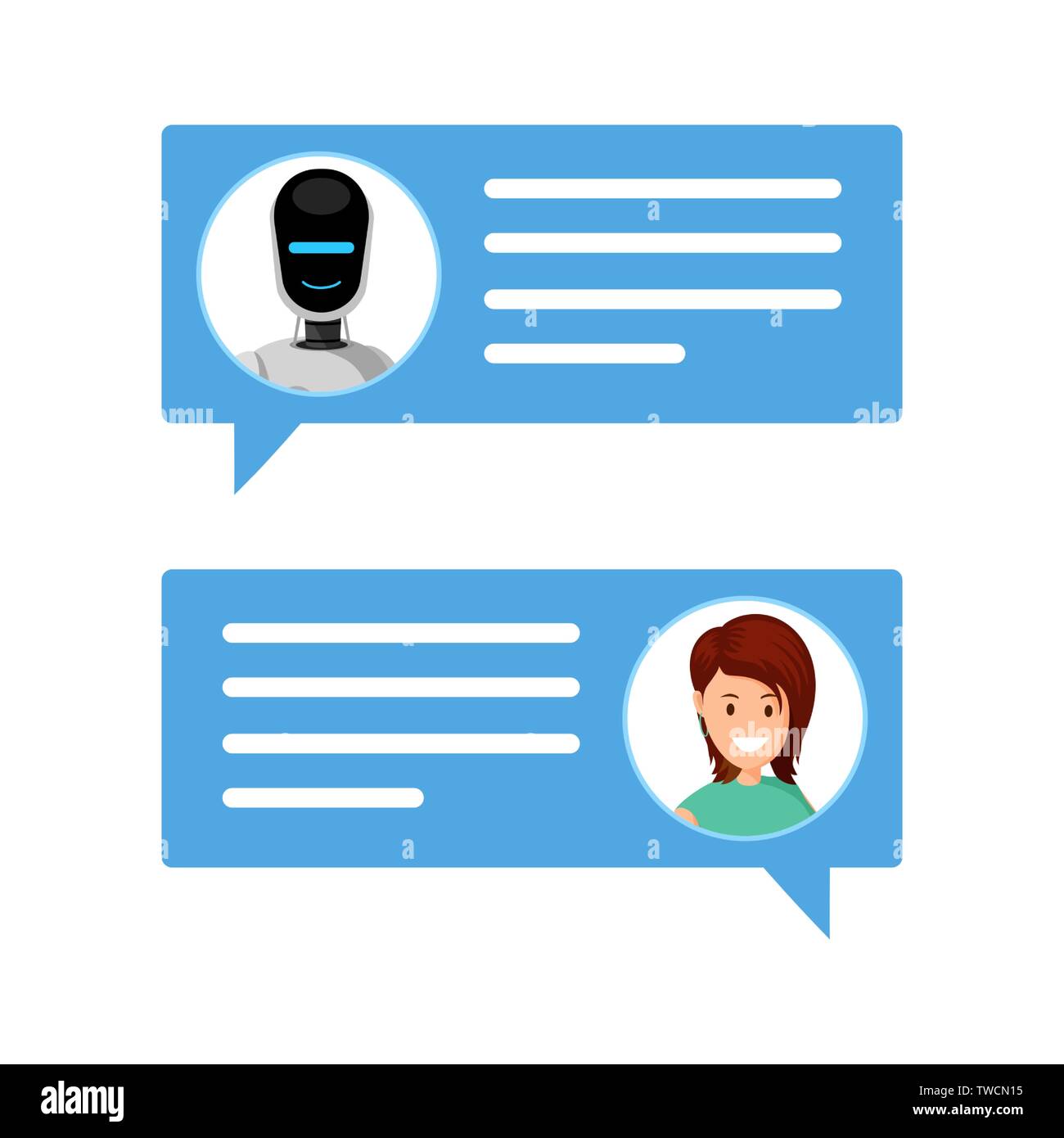 Donna in chat con robot piatta illustrazione vettoriale. Le finestre di messaggio di utente e avatar chatbot. Comunicazione con la distribuzione di intelligenza artificiale, moderna assistenza clienti online, servizio internet tecnologia Illustrazione Vettoriale