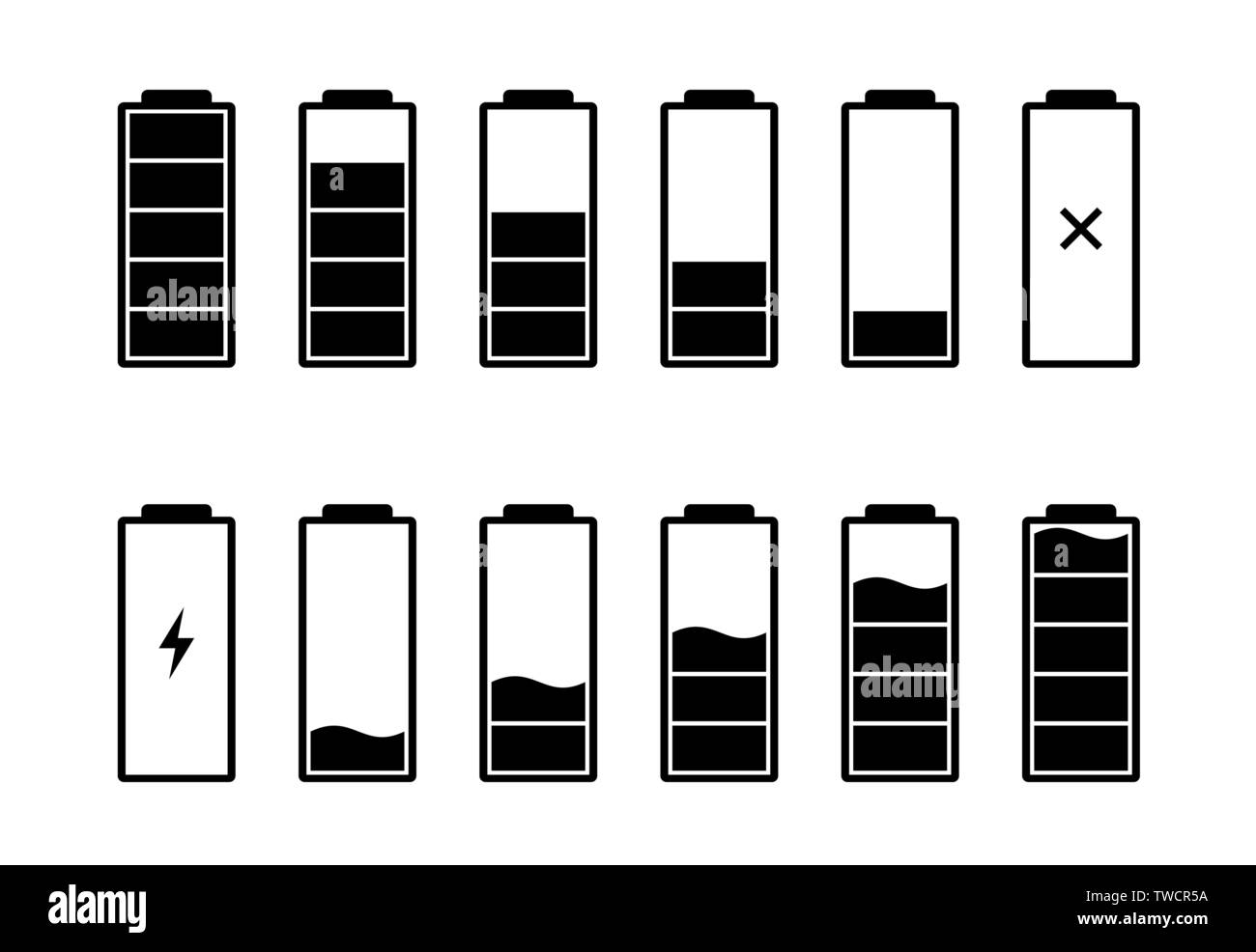 Icone dell'indicatore di carica della batteria impostate. Livello di carica: Potenza massima da alta a bassa e fulmini. Immagine vettoriale nera dello stato dell'energia alcalina del gadget mobile Illustrazione Vettoriale