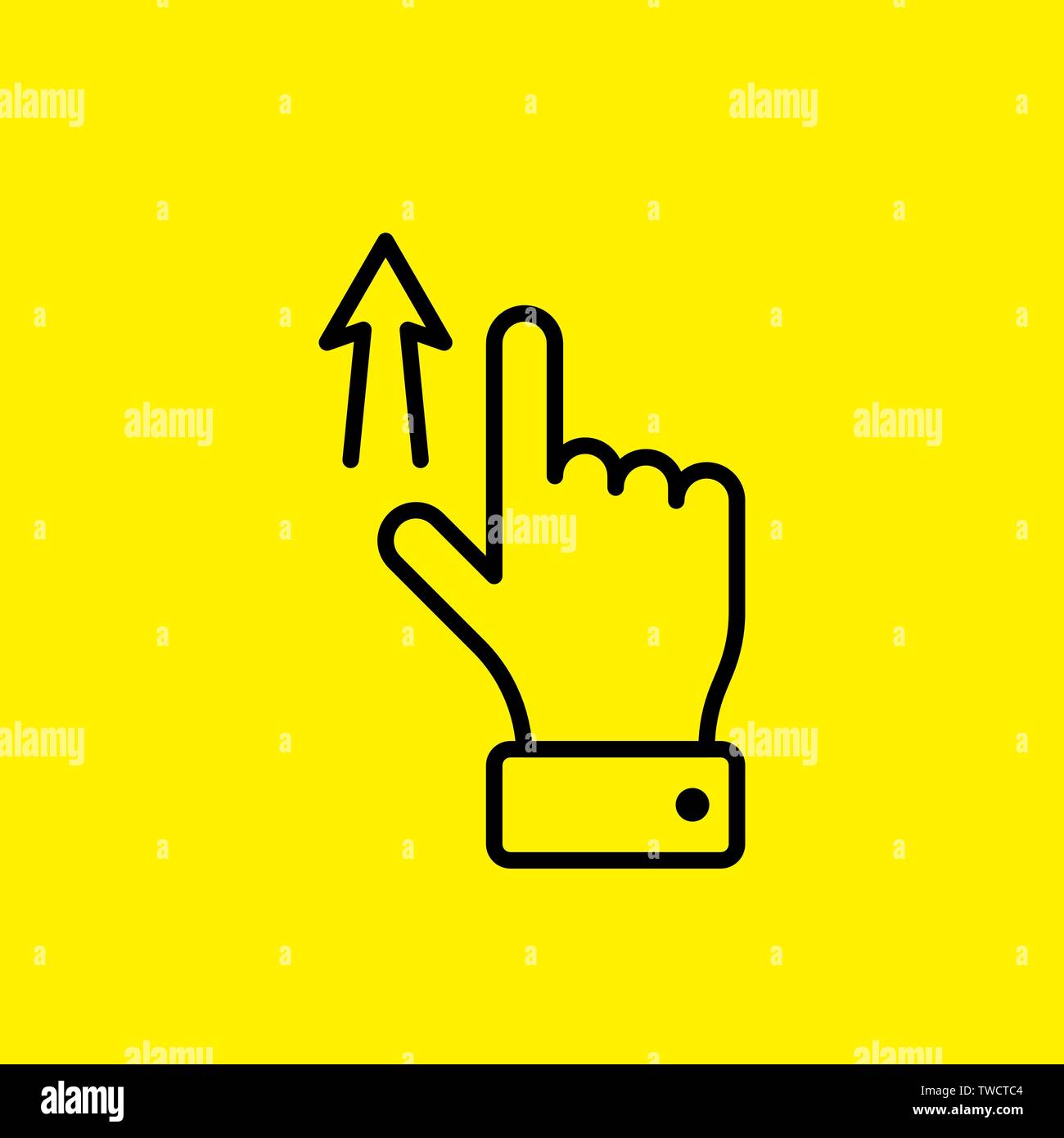 Vector touch screen gesture swipe fino scorrere a mano icona del dito. Illustrazione della linea pittogramma su sfondo giallo Illustrazione Vettoriale