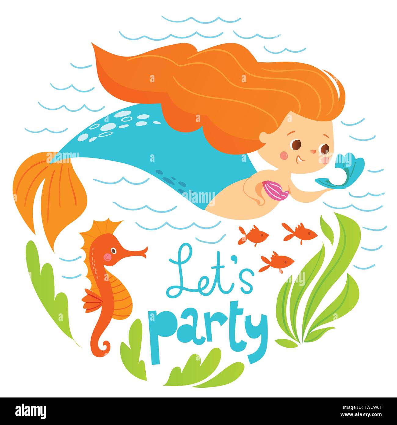 Stile Cartoon vettore design estate con cute girl mermaid e pesce di mare Illustrazione Vettoriale