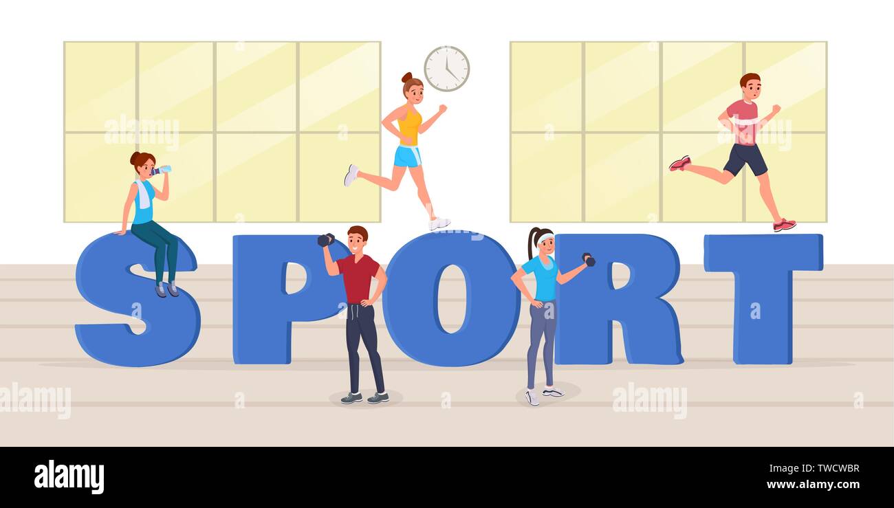 Forte sportivi aventi allenamento, fare sport, acqua potabile, in esecuzione in una palestra vicino al grande sport lettere tipo piatto illustrazione vettoriale Illustrazione Vettoriale