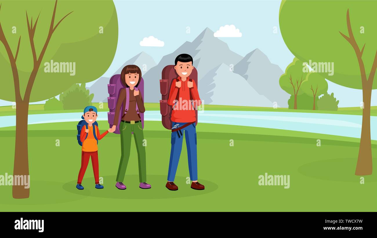 I genitori con figlio viaggia trekking con zaini montagne nella foresta. Famiglia campeggio in stile appartamento illustrazione vettoriale Illustrazione Vettoriale