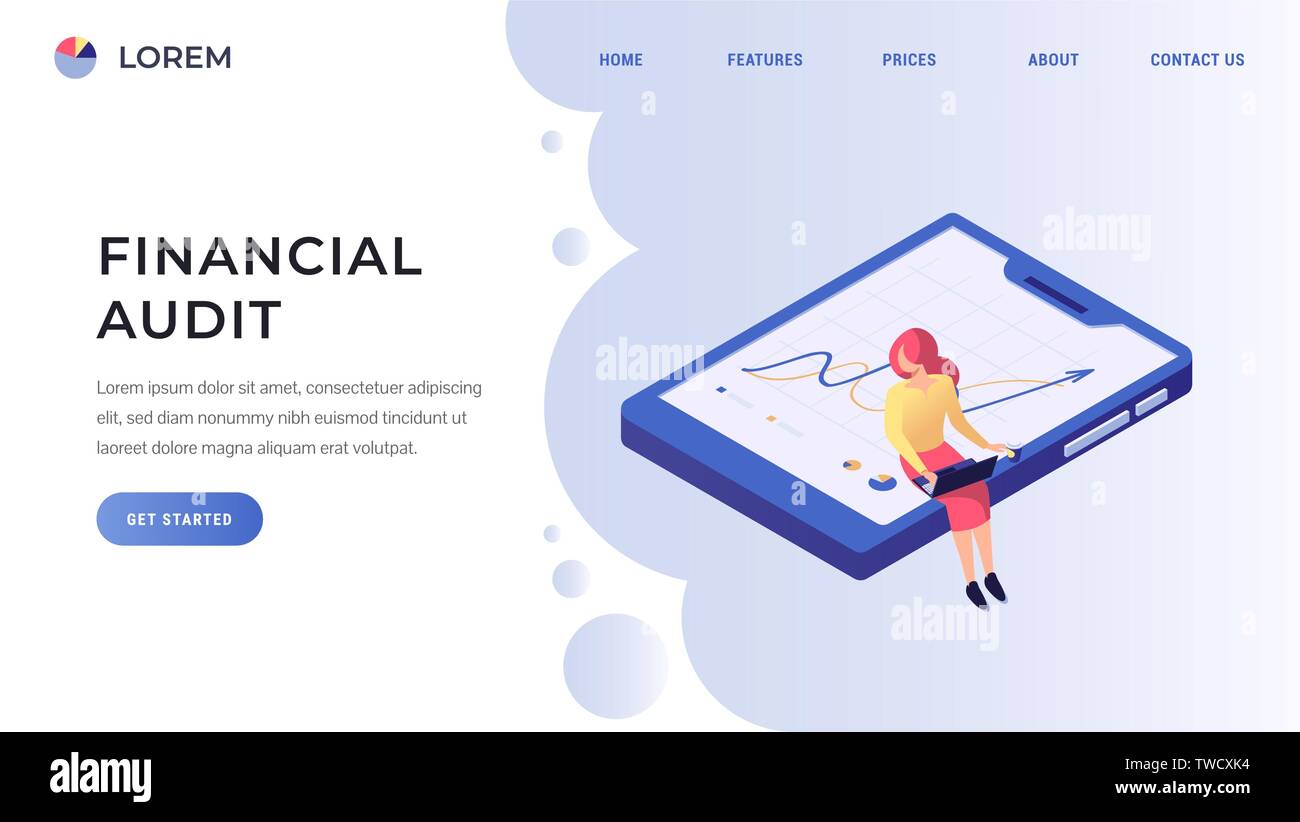 Landing page del concetto di società finanziarie o di business. La donna nel business suit seduta sul grande schermo mobile con grafico illustrazione isometrica. Illustrazione Vettoriale