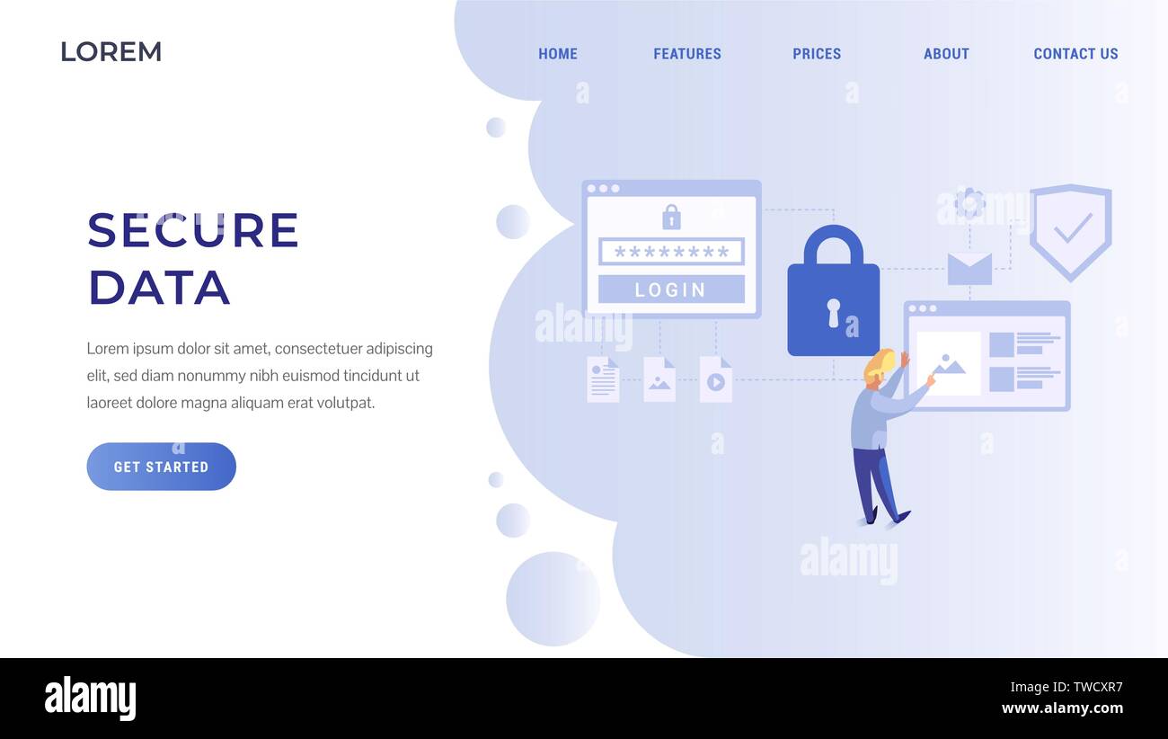 Proteggere i dati landing page concetto. Cyber security di tipo piatto illustrazione vettoriale Illustrazione Vettoriale