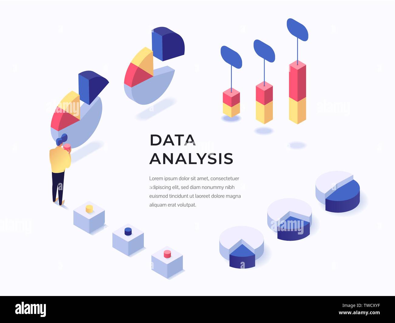 Dati concetto anaysis isometrica stile piatto illustrazione vettoriale. Posto per il testo. Grafici e diagrammi Illustrazione Vettoriale