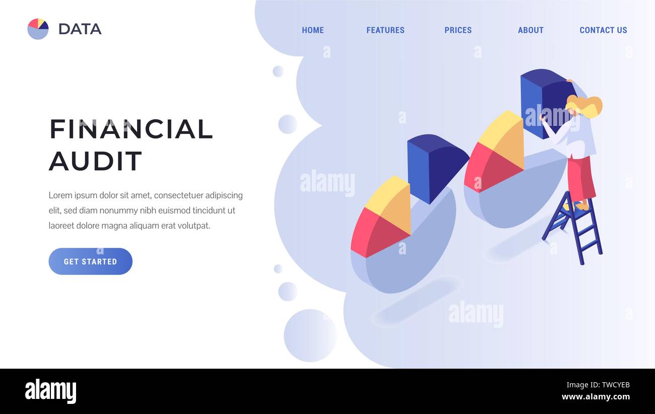 Audit finanziario o analisi dei dati moderno concetto isometrica illustrazione vettoriale. Landing page template Illustrazione Vettoriale