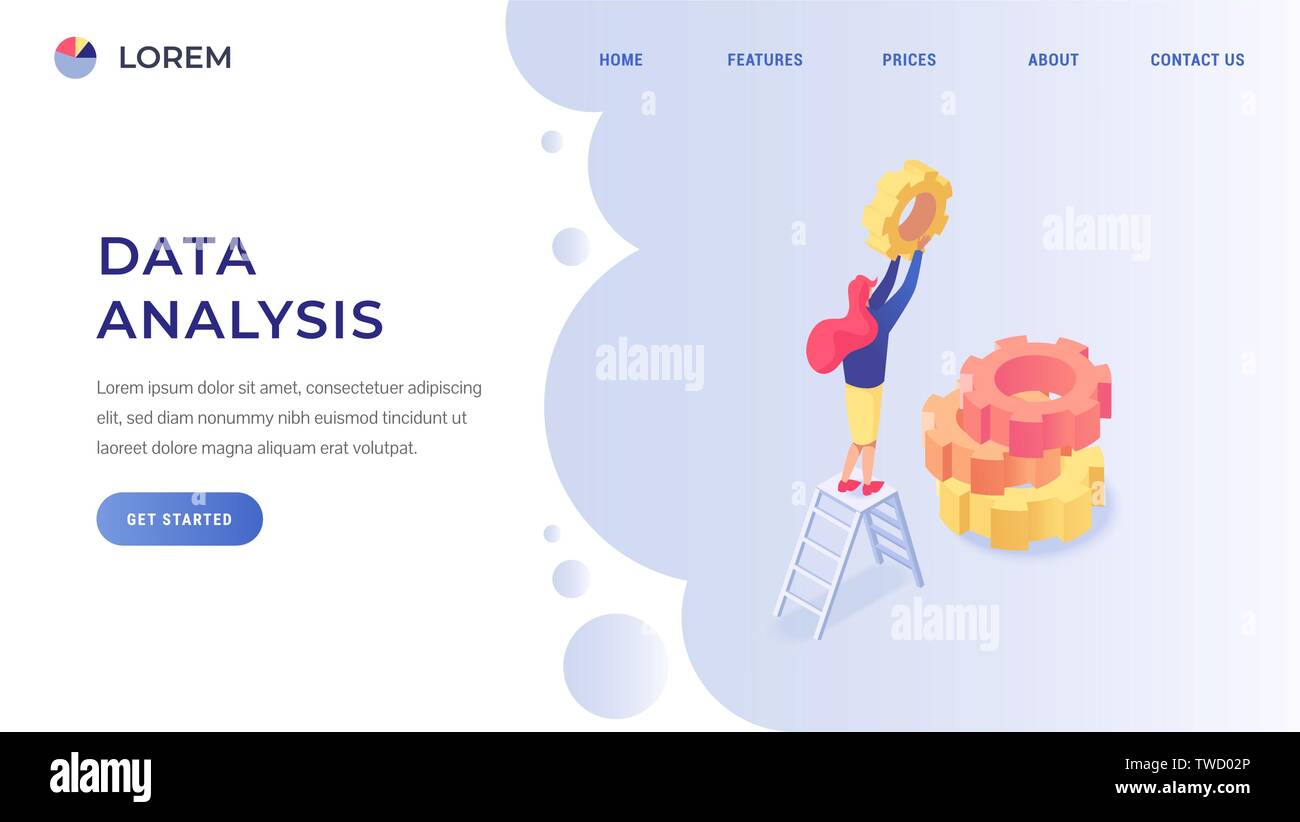 Analisi dei dati o di sviluppo del sito web landing page concetto isometrica piatta illustrazione vettoriale Illustrazione Vettoriale