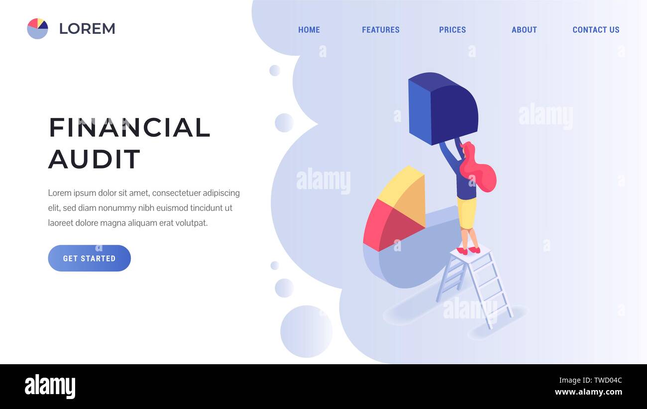 Audit finanziario landing page concetto isometrica piatta illustrazione vettoriale. Donna in piedi sulla scala e la tiene un pezzo del grafico a torta Illustrazione Vettoriale
