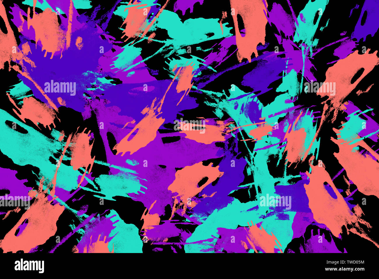 Il neon verde, viola e corallo round casuale gli spruzzi di vernice su sfondo nero. Abstract texture colorate.arte moderna Foto Stock