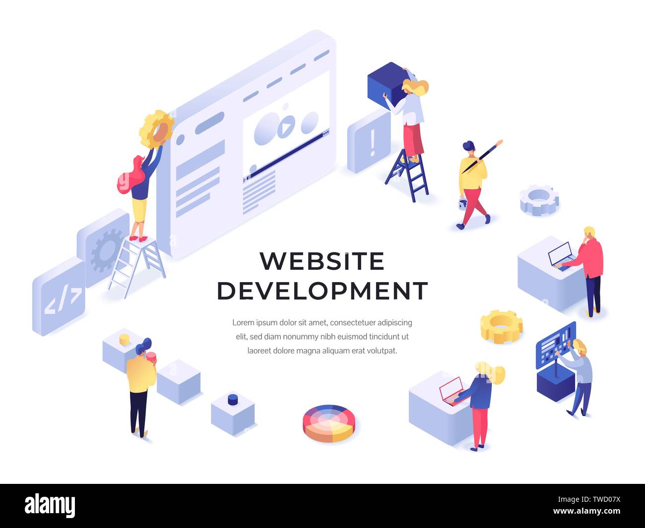 Sito web design e sviluppo concetto isometrica illustrazione vettoriale Illustrazione Vettoriale