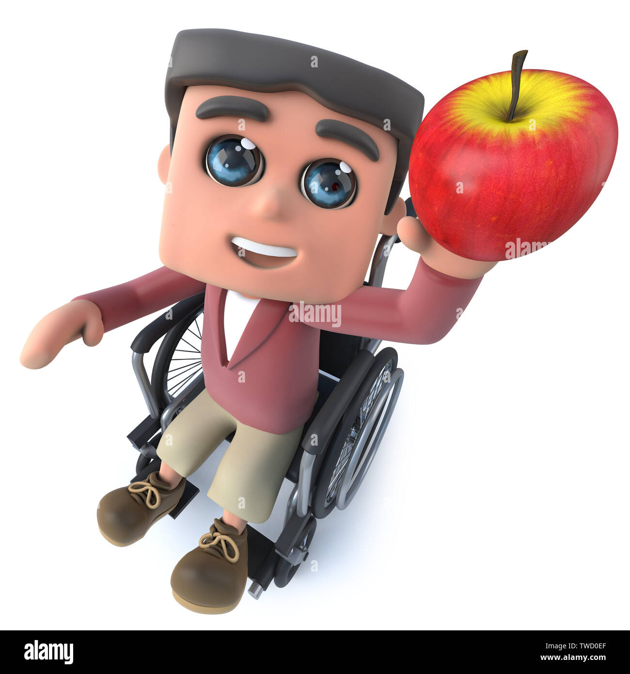 3D render di un cartoon boy in carrozzella tenendo una mela rossa Foto Stock