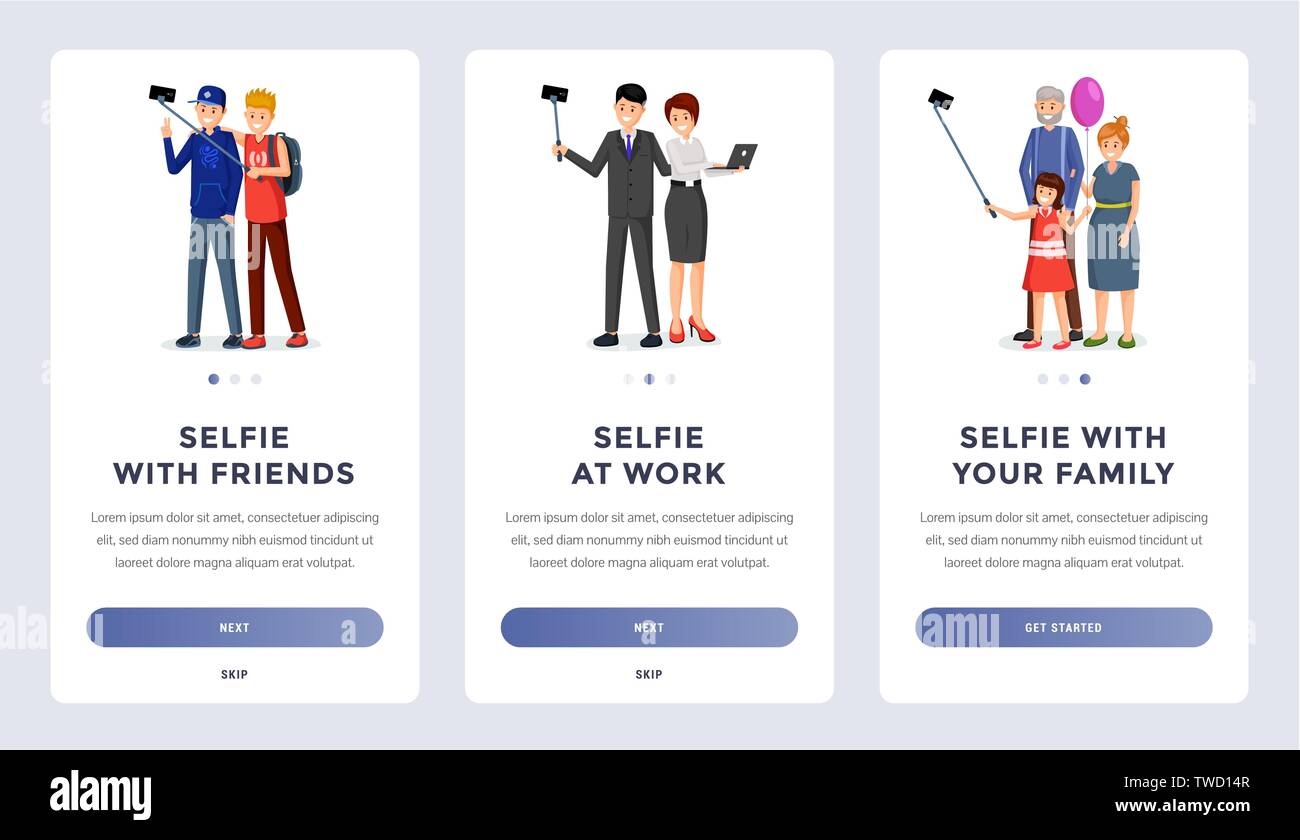 Mobile applicazione selfie onboarding schermate serie. Amici, colleghi, famiglia prendendo foto i personaggi dei cartoni animati. Sito Web dello smartphone introduzione, tutorial illustrazioni con i pulsanti e il testo space Illustrazione Vettoriale