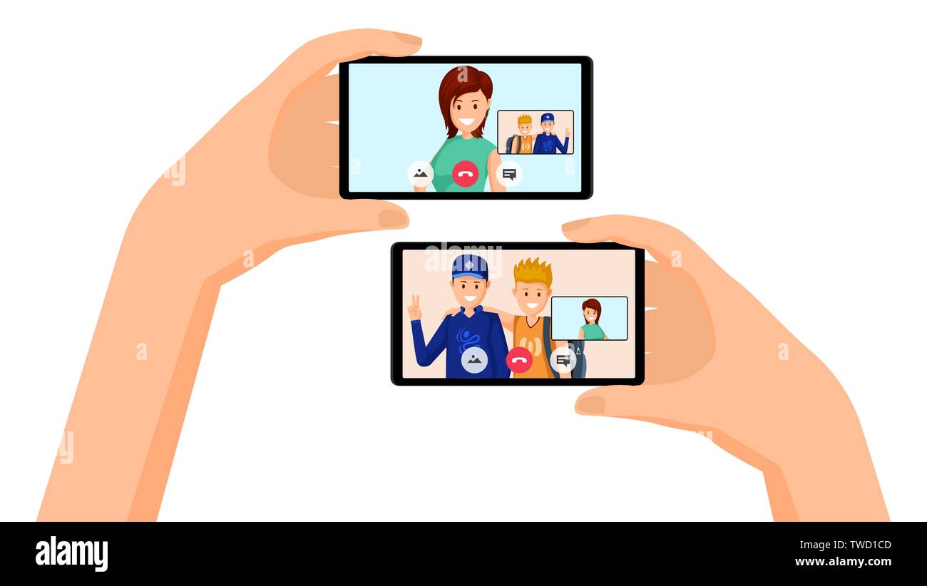 Video chiamata, conversazione amici illustrazione. Mani tenendo gli smartphone con donna felice e adolescenti sullo schermo. Amici di Internet e moderni di comunicazione online, distante amicizia design piatto Illustrazione Vettoriale