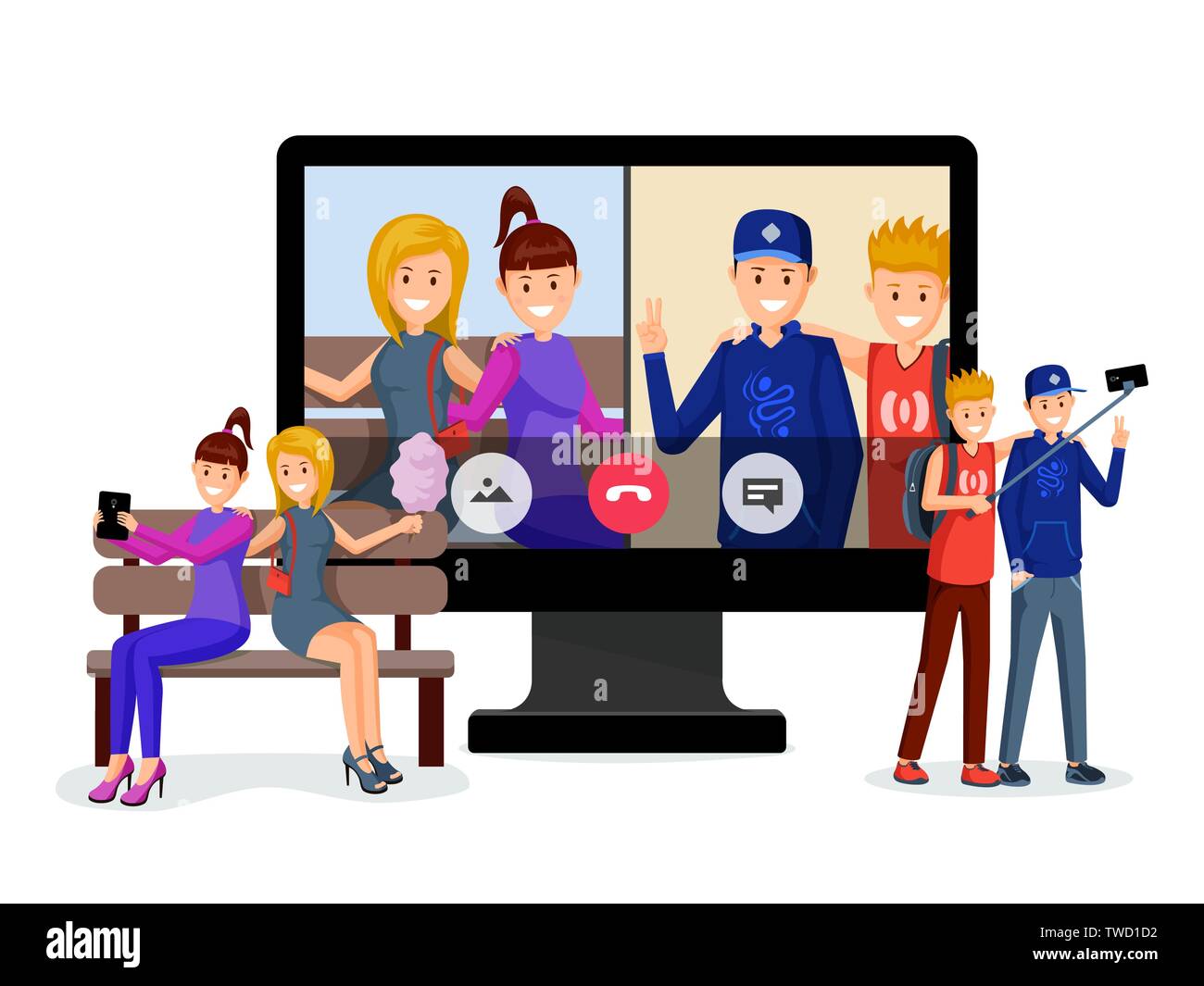 Amici conversazione video illustrazione vettoriale. Ragazze seduta sul banco di lavoro con tablet e allegri ragazzi i personaggi dei cartoni animati. Blogger, adolescenti comunicazione online, video conferenza design piatto Illustrazione Vettoriale