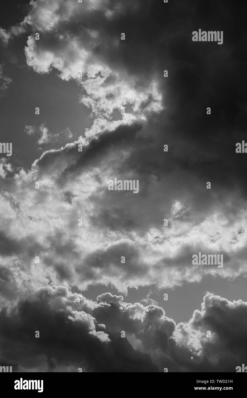 Cumulus congestus nuvole con luce drammatica vicino al tramonto in bianco e nero Foto Stock